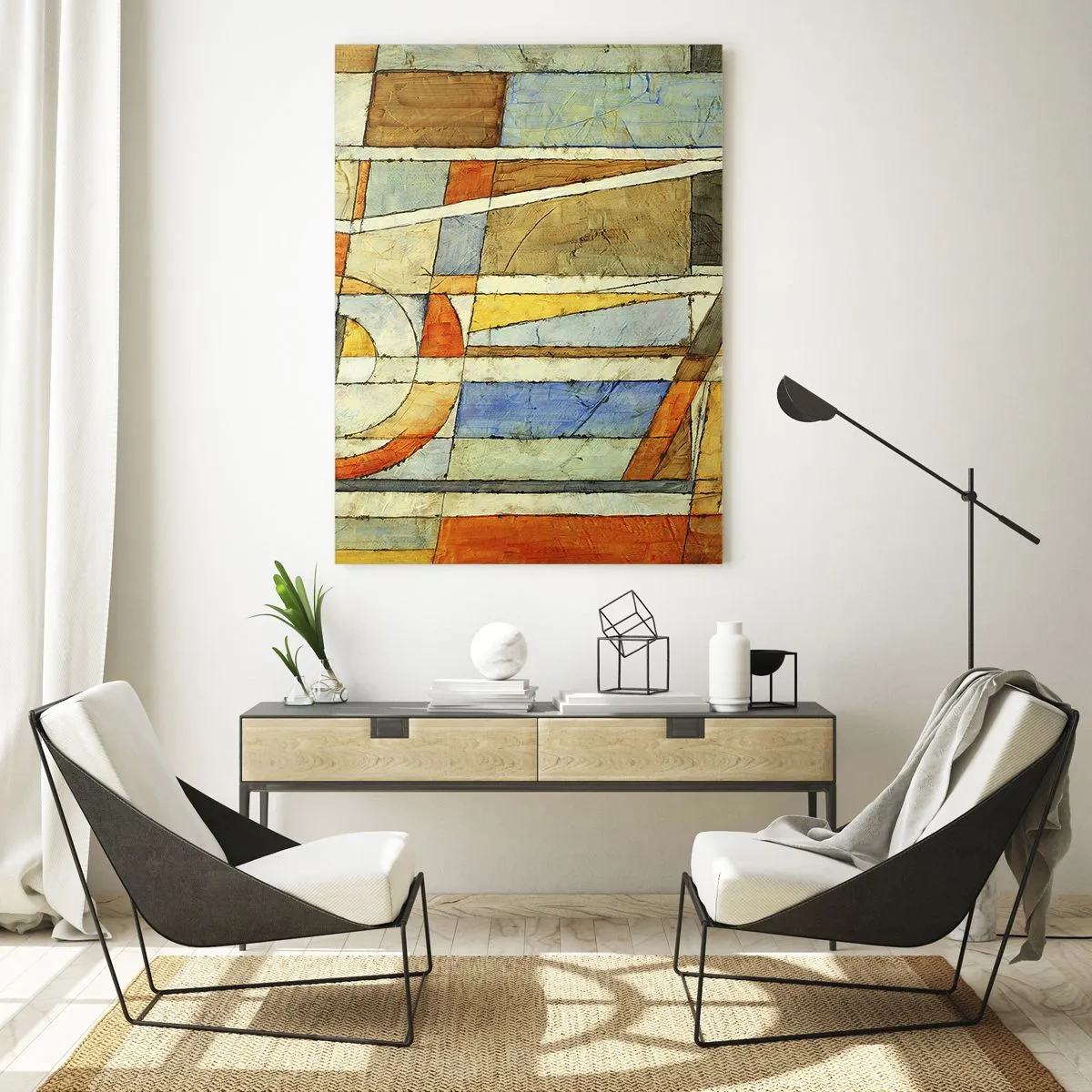 Impression sur verre - Image sur verre - Abstraction géométrique dans les tons beige, bleu et orange - 70x100cm - Cubisme sur le chantier - Décoration murale moderne pour le salon et la chambre ARTTOR