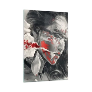 Impression sur verre - Image sur verre - Portrait artistique d'une femme aux accents rouges abstraits - 80x120cm - Dans les fumées de l'absurde - Décoration murale moderne pour le salon et la chambre ARTTOR