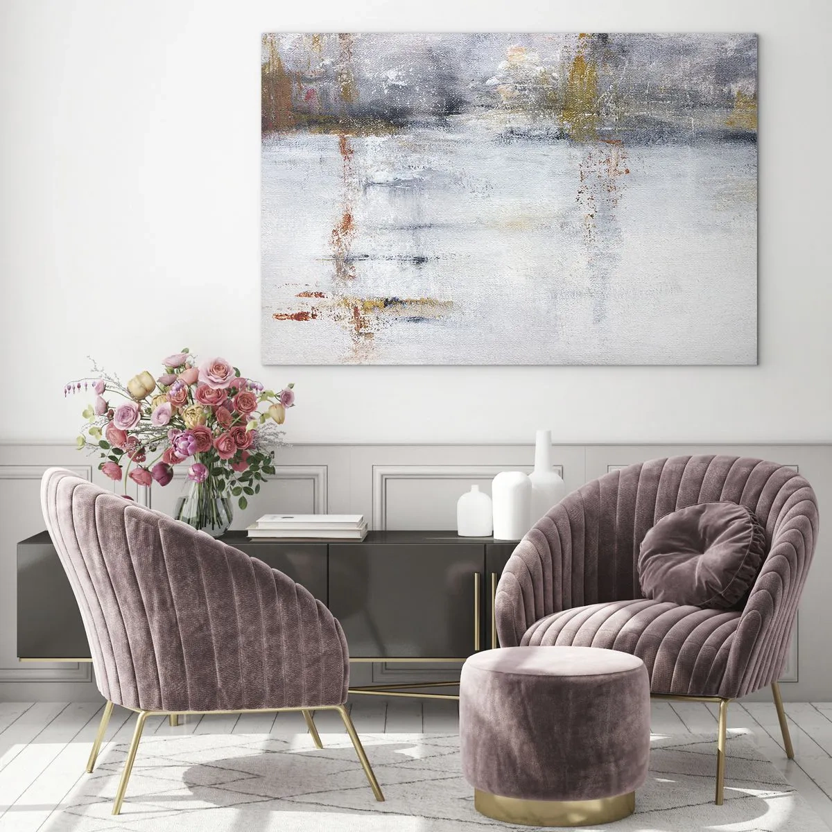 Impression sur verre - Image sur verre - Une peinture abstraite présentant une subtile combinaison de gris, de blanc et d'or. - 70x50cm - Derrière l'air un rideau - Décoration murale moderne pour le salon et la chambre ARTTOR