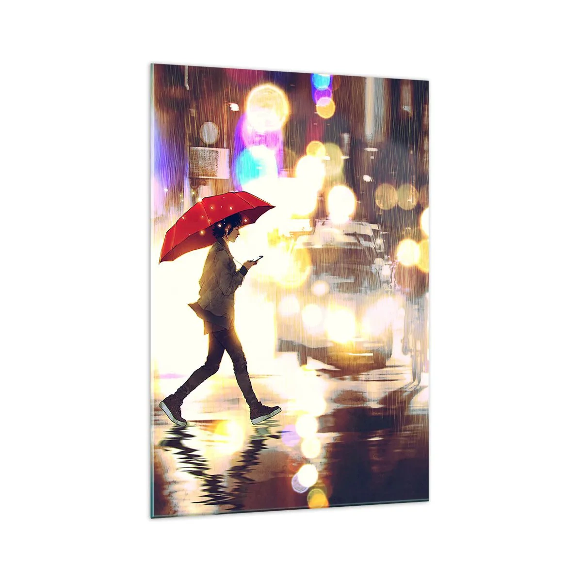 Impression sur verre - Image sur verre - Une silhouette avec un parapluie rouge dans la rue sous la pluie - 70x100cm - Et pourtant ensoleillé - Décoration murale moderne pour le salon et la chambre ARTTOR