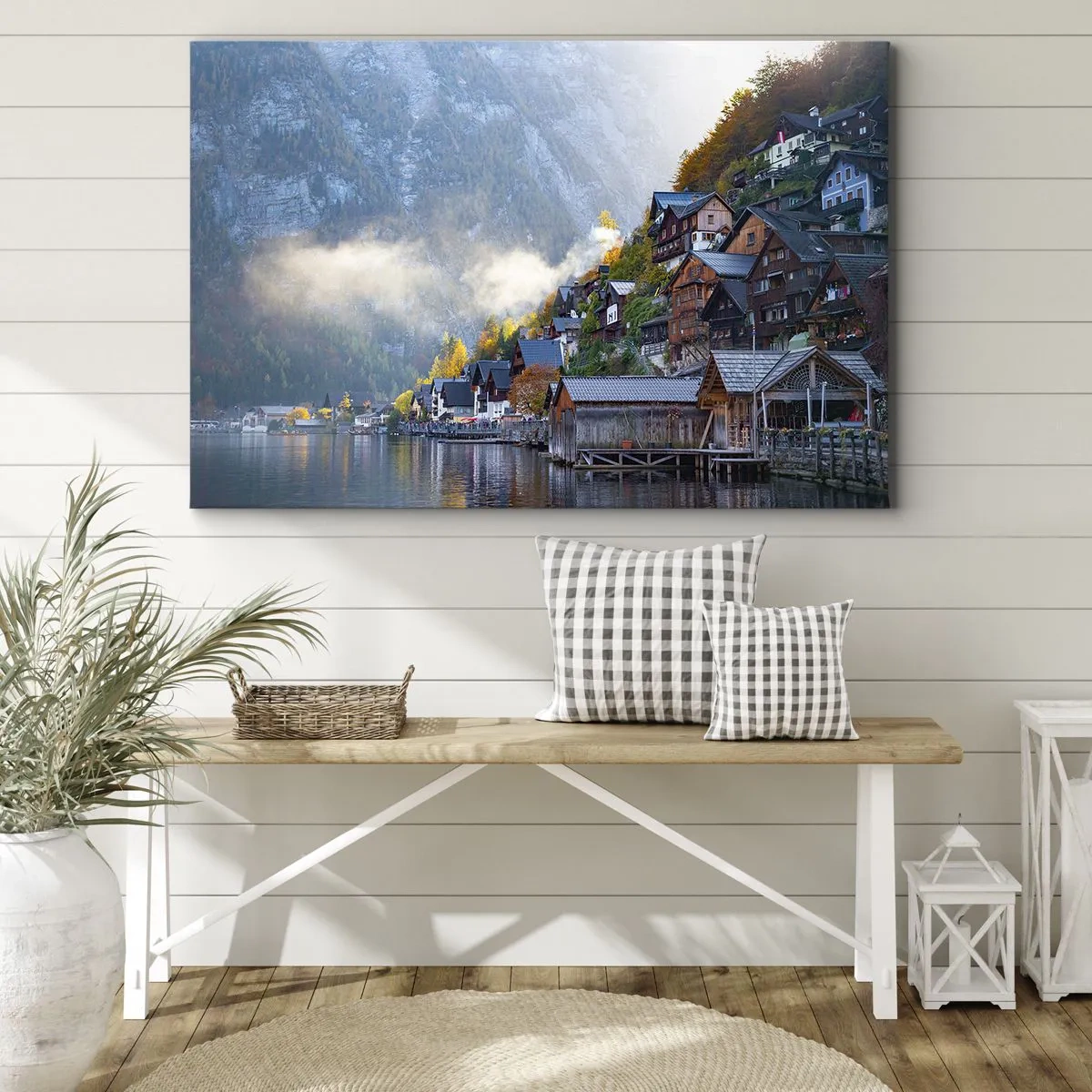 Impression sur toile - Image sur toile - Un village de montagne au bord d'un lac dans un paysage d'automne - 70x50cm - Ambiance alpine - Décoration murale moderne pour le salon et la chambre ARTTOR