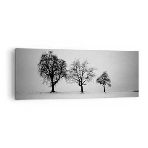 Impression sur toile - Image sur toile - Trois arbres dans un champ enneigé dans un style monochrome - 140x50cm - A quoi rêvent-ils? - Décoration murale moderne pour le salon et la chambre ARTTOR
