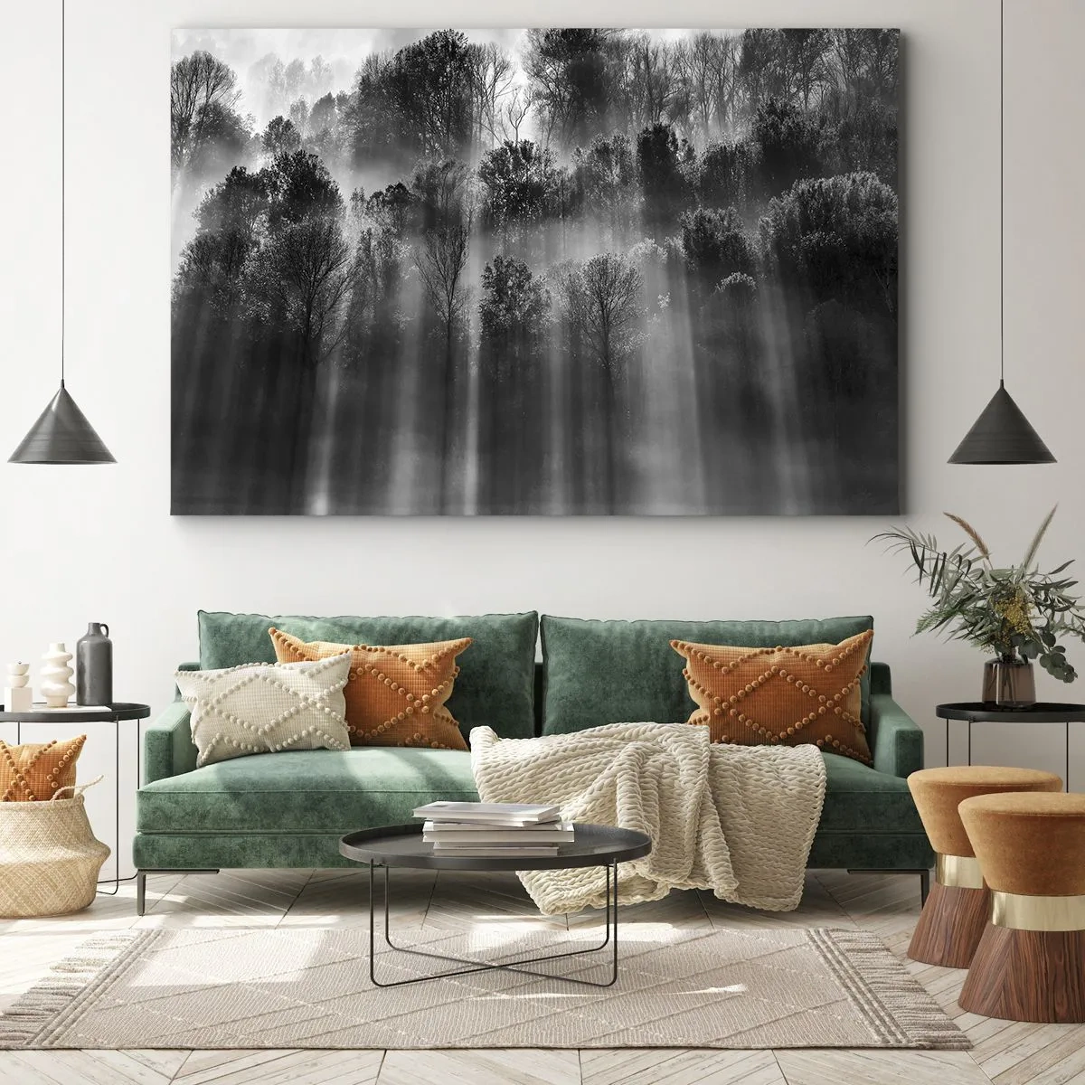Impression sur toile - Image sur toile - Forêt noire et blanche dans la lumière du matin - 120x80cm - Dans les flots de lumière - Décoration murale moderne pour le salon et la chambre ARTTOR
