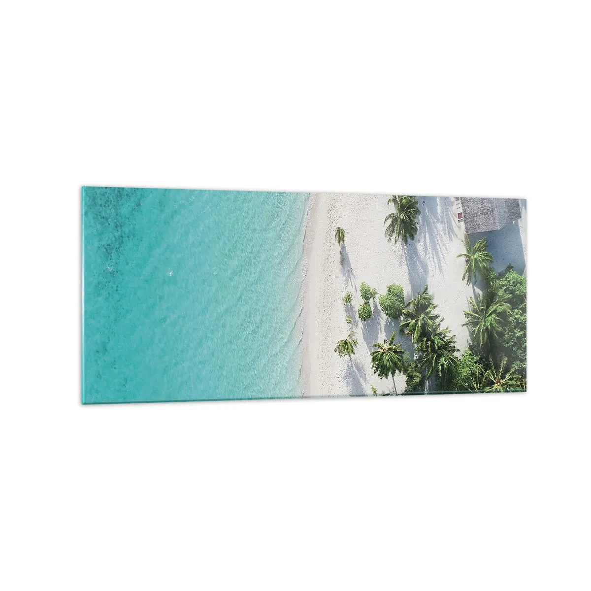 Impression sur verre - Image sur verre - Vue plongeante sur une plage tropicale avec de l'eau turquoise et des palmiers - 120x50cm - Vacances au paradis - Décoration murale moderne pour le salon et la chambre ARTTOR