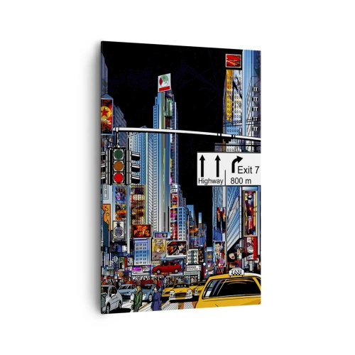 Impression sur toile - Image sur toile - Une ville animée avec des publicités colorées et des taxis jaunes - 80x120cm - Grande nuit de bande dessinée - Décoration murale moderne pour le salon et la chambre ARTTOR