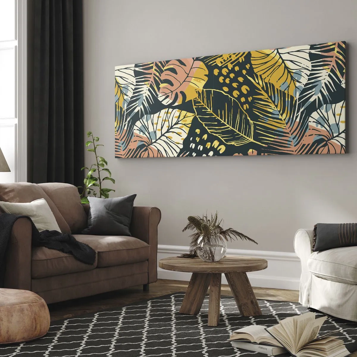 Impression sur toile - Image sur toile - Feuilles colorées sur fond sombre - 120x50cm - Fantaisie feuillue - Décoration murale moderne pour le salon et la chambre ARTTOR