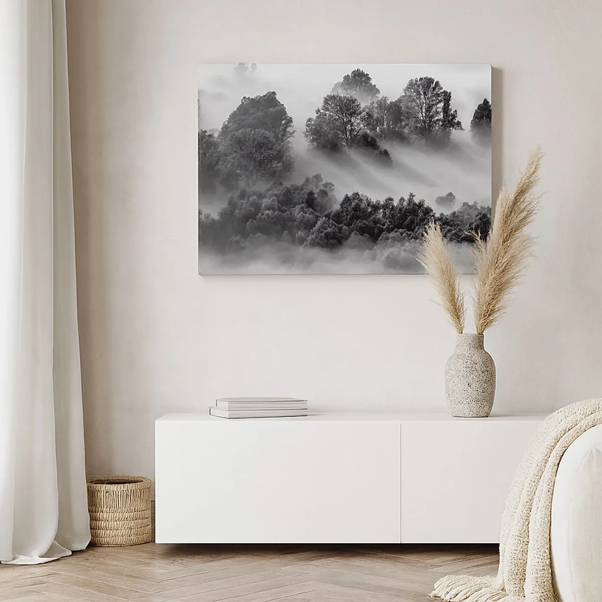 Impression sur toile - Image sur toile - Paysage forestier noir et blanc dans le brouillard du matin - 70x50cm - Sortir de son sommeil - Décoration murale moderne pour le salon et la chambre ARTTOR