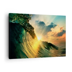 Impression sur toile - Image sur toile - Une vague avec le soleil couchant et les nuages illuminés - 70x50cm - Surfeur, où es-tu ? - Décoration murale moderne pour le salon et la chambre ARTTOR