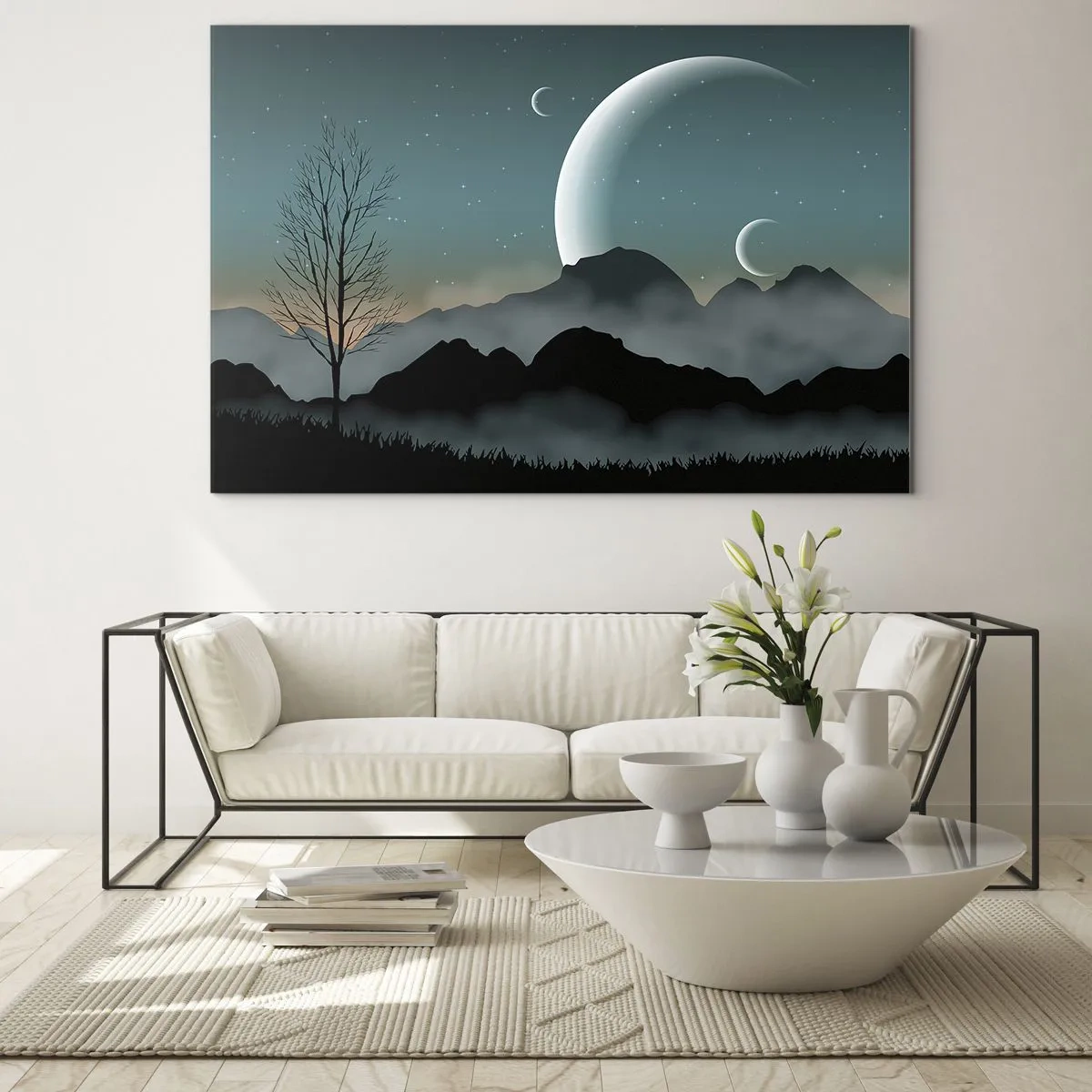 Impression sur verre - Image sur verre - Lunes sur les montagnes avec un arbre solitaire et des étoiles - 70x50cm - Carnaval de la nuit étoilée - Décoration murale moderne pour le salon et la chambre ARTTOR