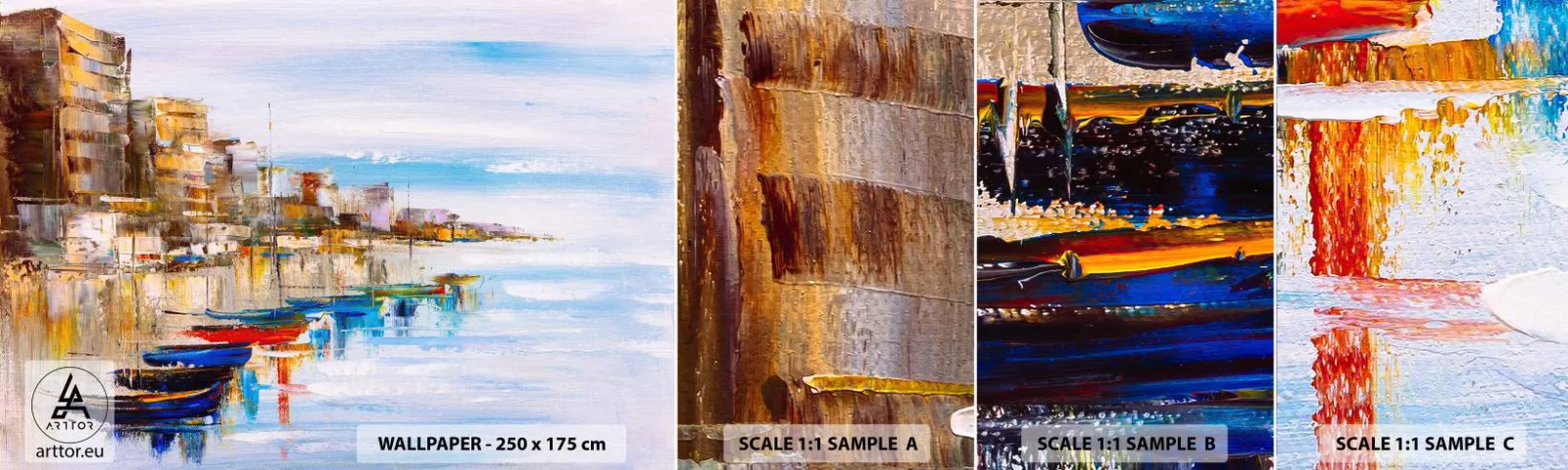 Échantillon de Papier Peint Autocollant Deluxe Sticker - Un havre urbain multicolore - Paysage, port, Bord de mer - 100x30 cm