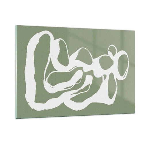 Impression sur verre - Image sur verre - Forme organique blanche abstraite sur fond olive - 120x80cm - L'appel de l'espace - Décoration murale moderne pour le salon et la chambre ARTTOR