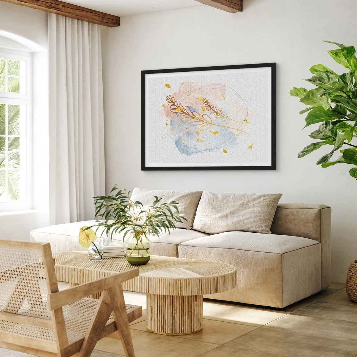 Affiche dans un cadre noir - Poster - Un délicat motif de feuille dorée sur un fond pastel avec des détails aquarelles. - 100x70cm - Explosion d'or - Décoration murale moderne pour le salon et la chambre ARTTOR