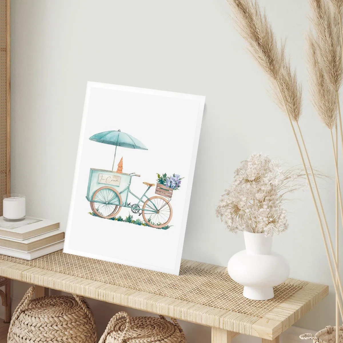 Affiche - Poster - Illustration à l'aquarelle d'un vélo avec de la glace et des fleurs - 50x70cm - Doux souvenir d'été - Décoration murale moderne pour le salon et la chambre ARTTOR