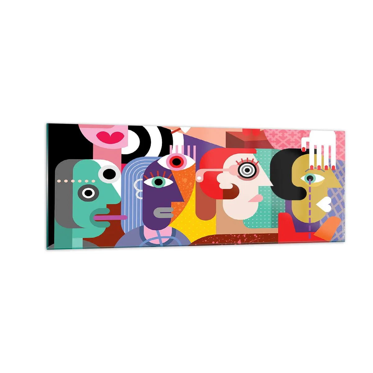 Impression sur verre - Image sur verre - Abstraction colorée avec des visages géométriques - 140x50cm - Nous par M. Picasso - Décoration murale moderne pour le salon et la chambre ARTTOR