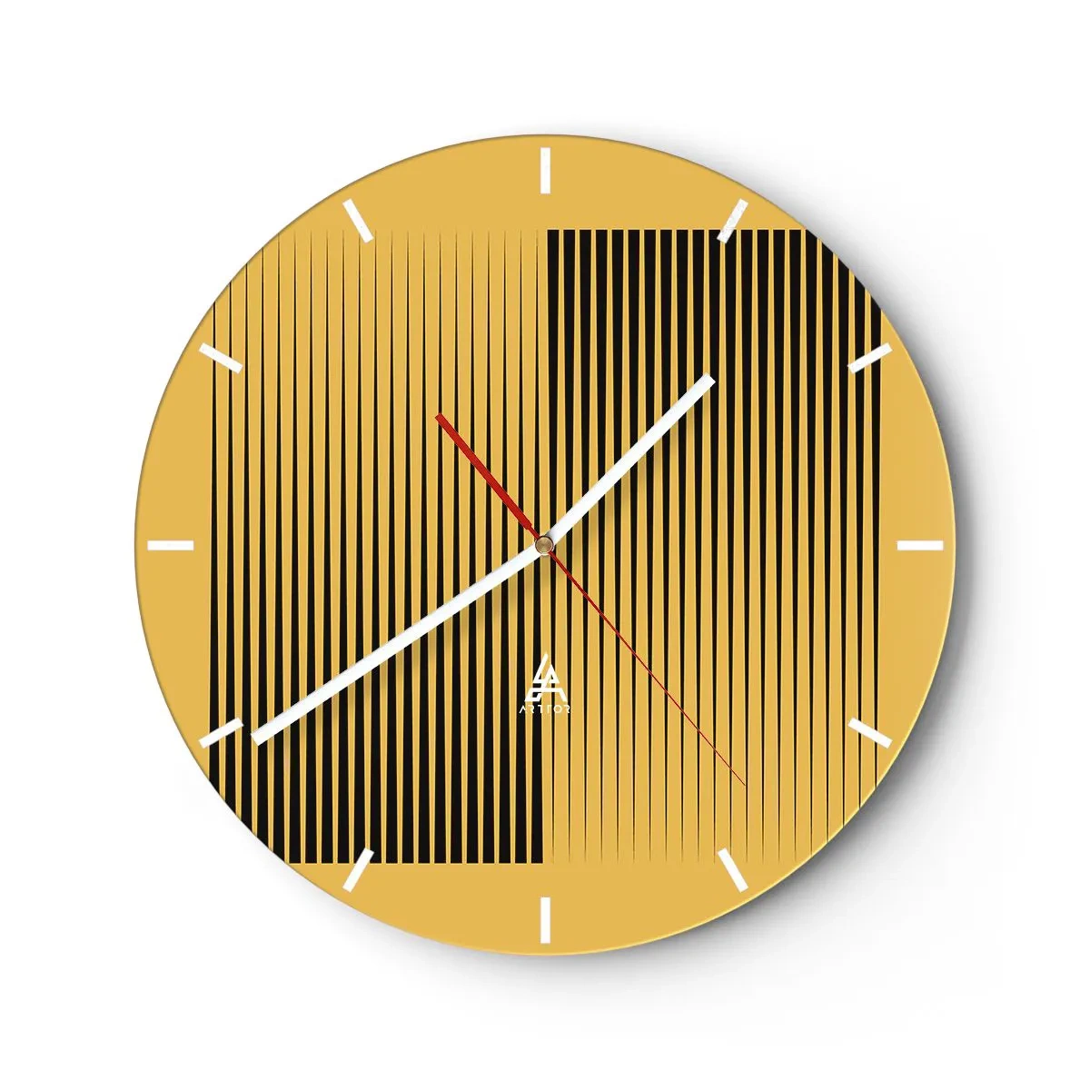 Horloge murale - Pendule murale - Fond jaune avec des lignes verticales noires créant un effet géométrique - 30x30cm - Cadre opposé - Décoration murale moderne pour le salon, la cuisine et la chambre ARTTOR