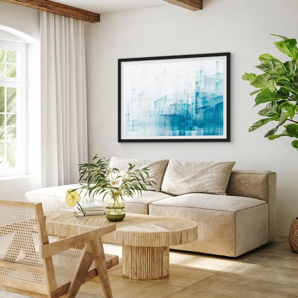 Affiche dans un cadre noir - Poster - Formes géométriques abstraites dans des tons de bleu - 100x70cm - Comment l’espace s’est formé - Décoration murale moderne pour le salon et la chambre ARTTOR