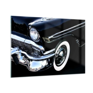 Impression sur verre - Image sur verre - Gros plan d'une voiture noire vintage avec des détails chromés - 100x70cm - Classique en argent, noir et blanc - Décoration murale moderne pour le salon et la chambre ARTTOR