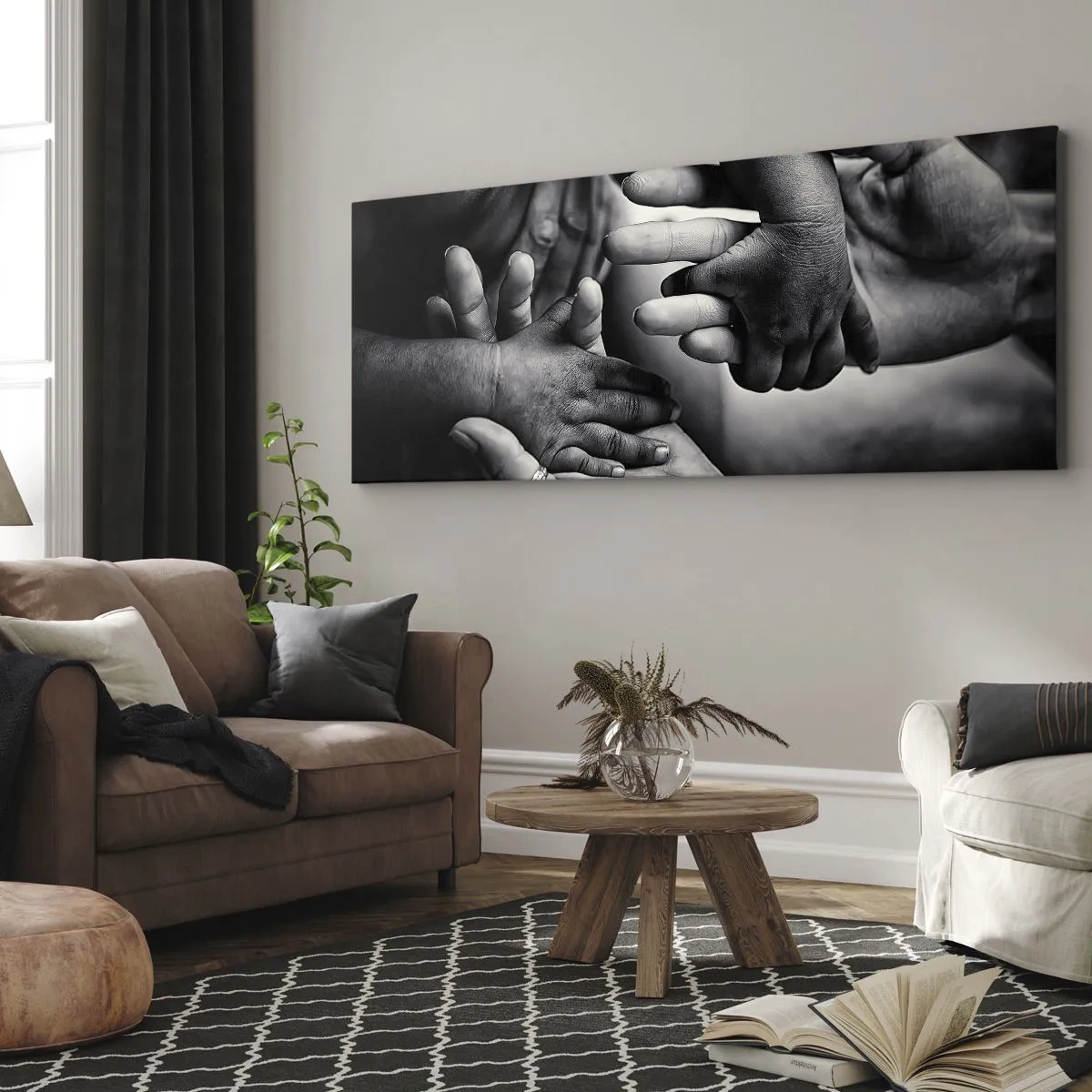 Impression sur toile - Image sur toile - Mains noires et blanches de différentes générations - 120x50cm - Être humain - Décoration murale moderne pour le salon et la chambre ARTTOR