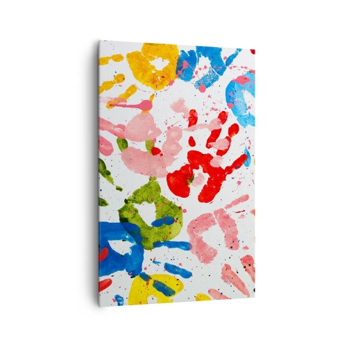 Impression sur toile - Image sur toile - Empreintes de mains colorées sur fond blanc - 80x120cm - Suivez les traces - Décoration murale moderne pour le salon et la chambre ARTTOR