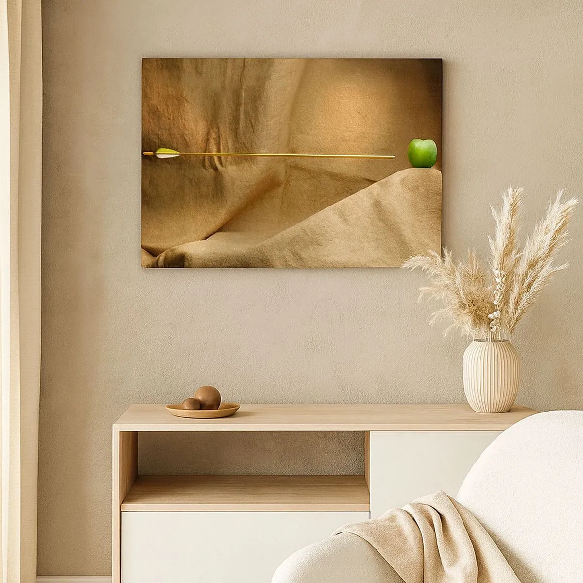 Impression sur toile - Image sur toile - Pomme verte sur tissu avec une flèche créant une composition - 70x50cm - Invoquer l'esprit de Guillaume Tell - Décoration murale moderne pour le salon et la chambre ARTTOR
