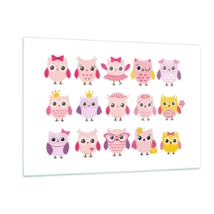 Impression sur verre - Image sur verre - Hiboux colorés aux motifs variés sur fond blanc - 120x80cm - L'un est plus doux que l'autre - Décoration murale moderne pour le salon et la chambre ARTTOR