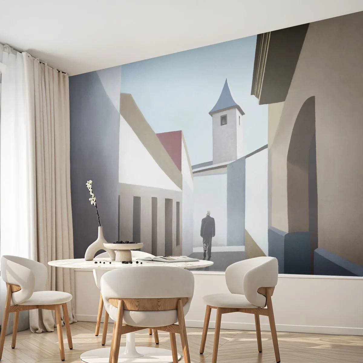Papier Peint Photo Premium Sand - Une rue calme avec un homme marchant seul - 100x70cm - Une promenade ensoleillée - Décoration murale moderne pour le salon et la chambre ARTTOR