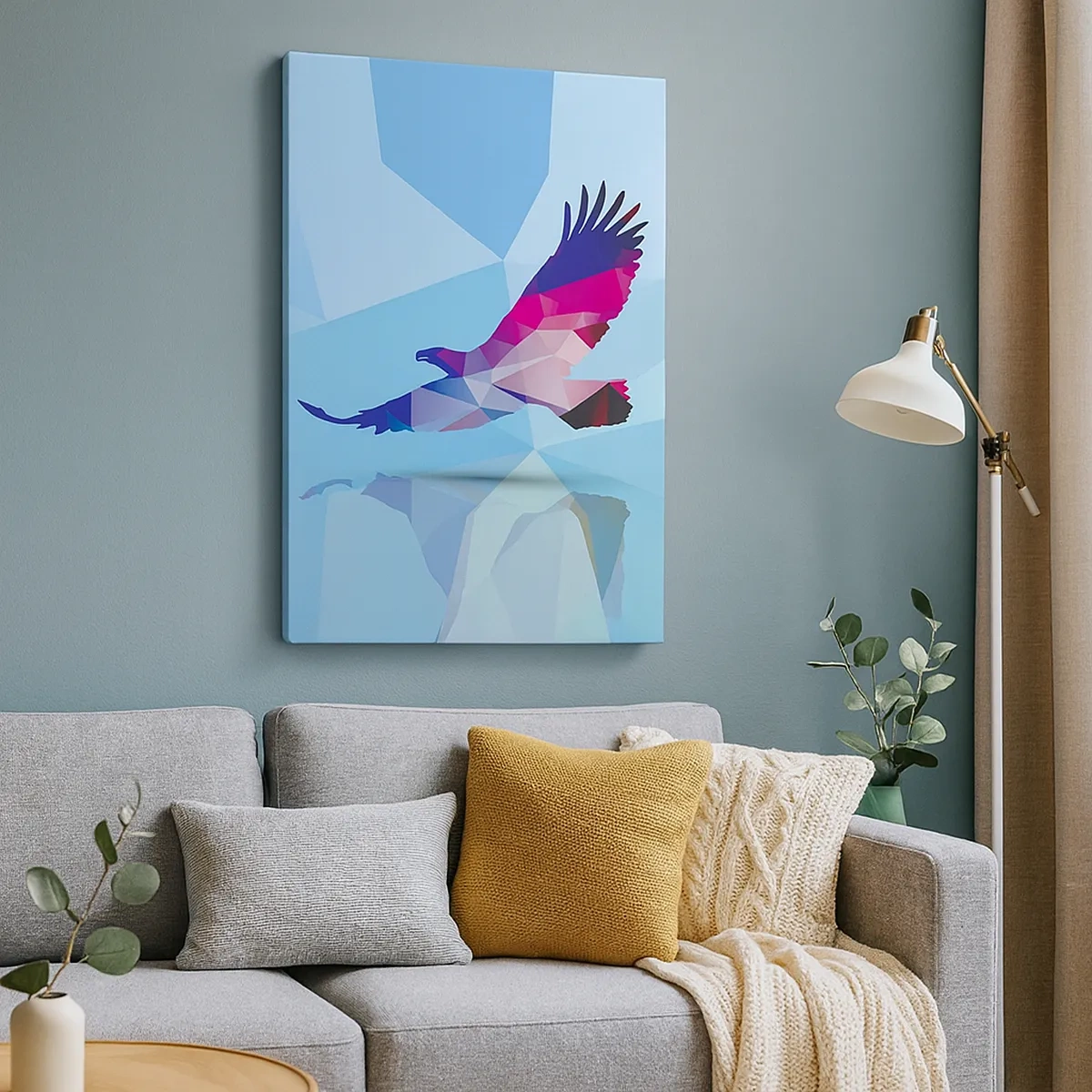 Impression sur toile - Image sur toile - Silhouette géométrique d'un aigle en vol sur fond bleu - 50x70cm - Aigle en cristal lilas - Décoration murale moderne pour le salon et la chambre ARTTOR