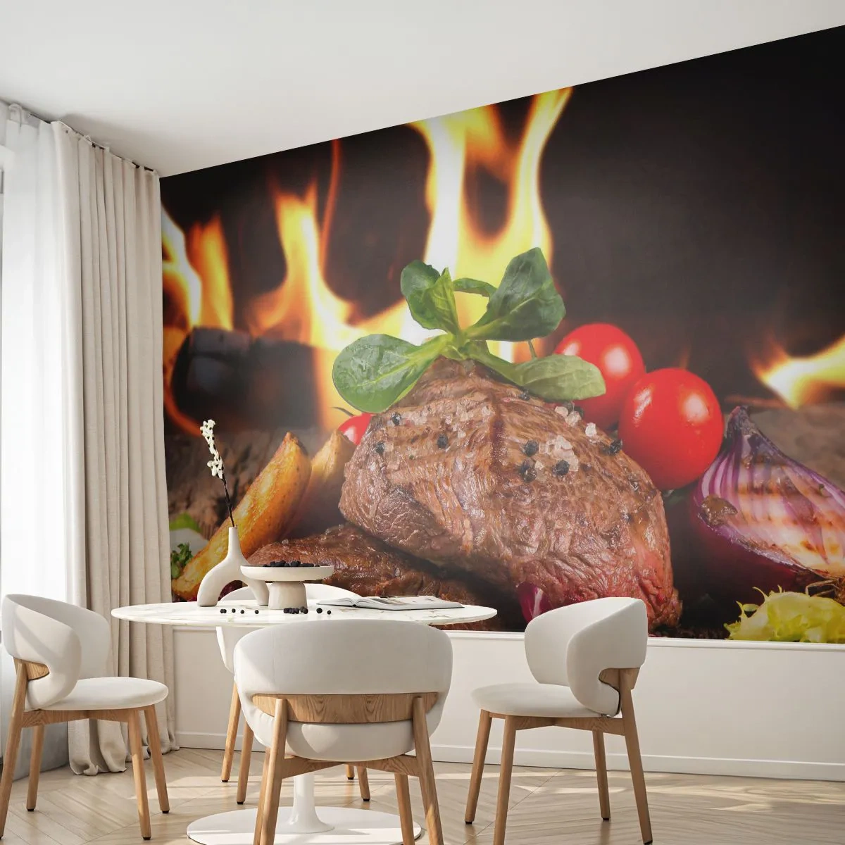 Papier Peint Photo Standard Eco - Ensorcelé par la braise - La gastronomie, steak, Flammes de feu - 250x175 cm