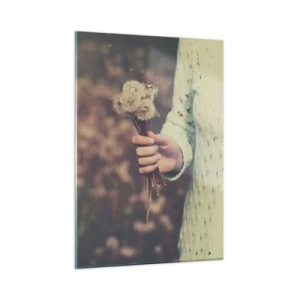 Impression sur verre - Image sur verre - Une main tenant un bouquet de pissenlits sur un champ flou - 50x70cm - Merci de les garder - Décoration murale moderne pour le salon et la chambre ARTTOR
