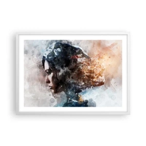 Affiche dans un cadre blanc - Poster - L'histoire d'une fille avec une ville en arrière-plan - 70x50 cm