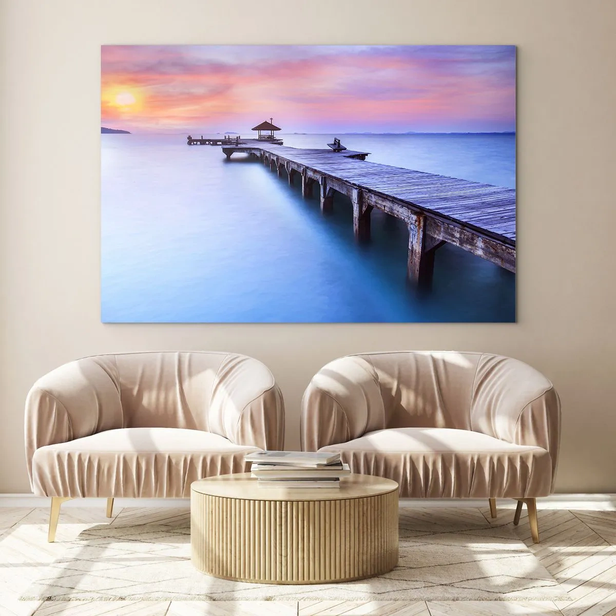 Impression sur verre - Image sur verre - Jetée en bois au lever du soleil sur une eau calme - 70x50cm - Une mer de calme jusqu'à l'horizon - Décoration murale moderne pour le salon et la chambre ARTTOR
