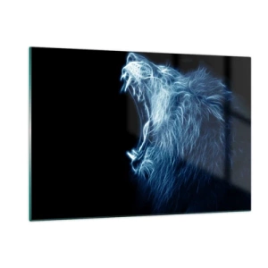 Impression sur verre - Image sur verre - Une représentation néon saisissante d'un lion rugissant sur fond noir. - 120x80cm - La colère ardente du roi - Décoration murale moderne pour le salon et la chambre ARTTOR