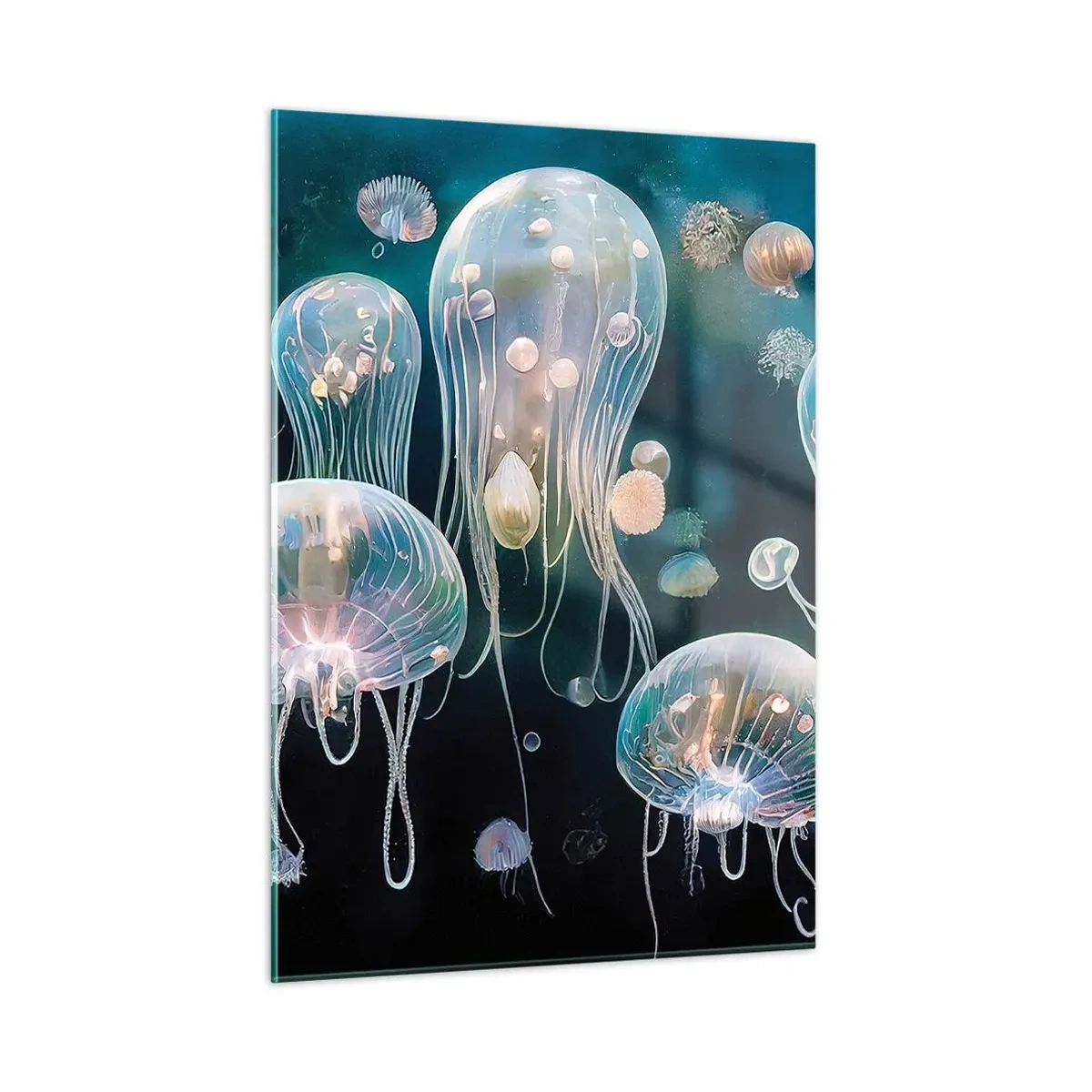 Impression sur verre - Image sur verre - Les méduses dans la danse lumineuse du monde sous-marin - 50x70cm - Ballon sous-marin - Décoration murale moderne pour le salon et la chambre ARTTOR