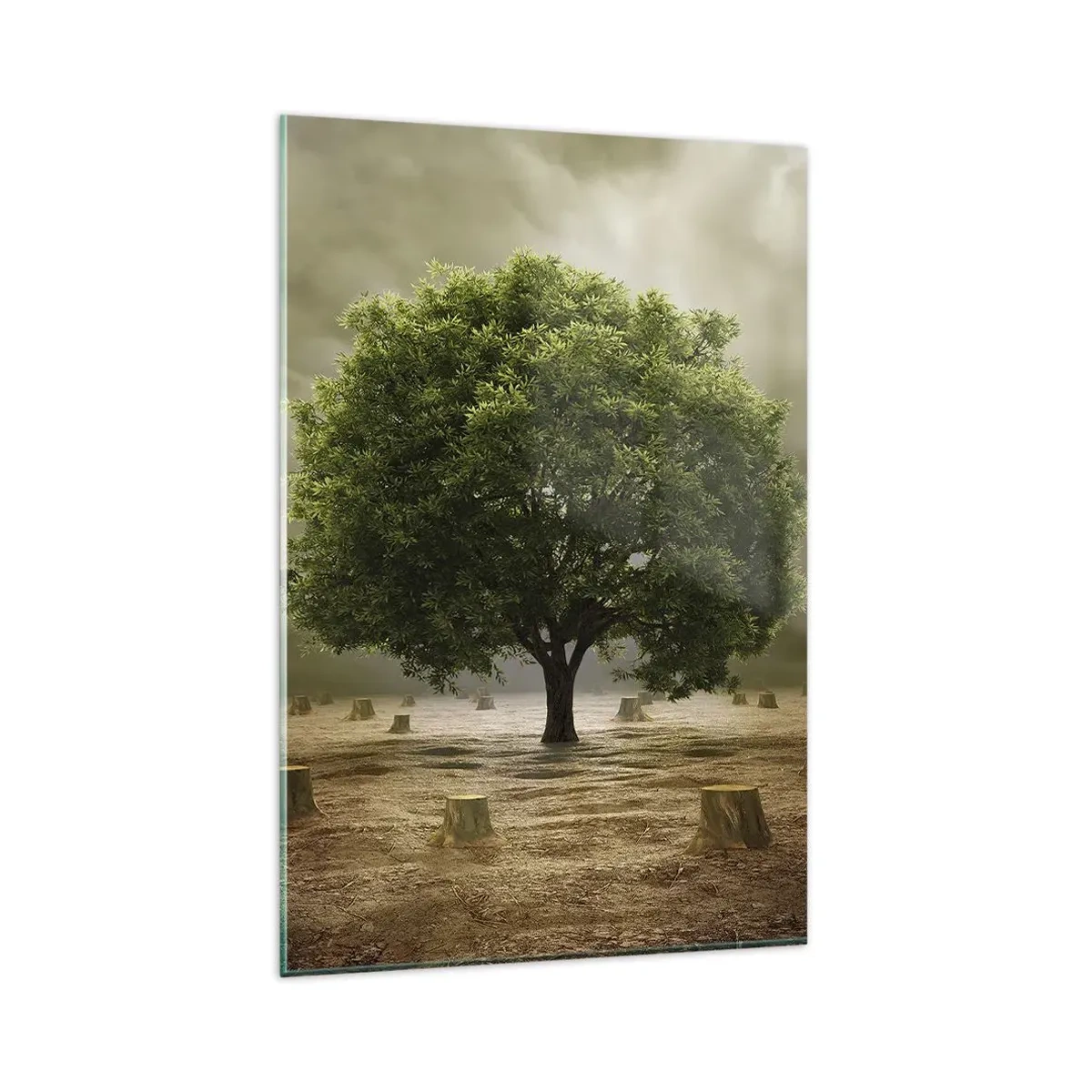 Impression sur verre - Image sur verre - Un arbre vert entouré de troncs d'arbres abattus contre un ciel nuageux - 80x120cm - Tout l'espoir - Décoration murale moderne pour le salon et la chambre ARTTOR