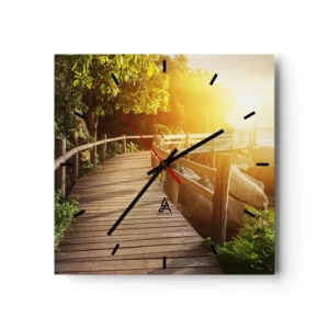 Horloge murale - Pendule murale - Un pont en bois au milieu de la verdure menant à la mer sous les rayons du soleil - 30x30cm - Un autre tour, un autre miracle - Décoration murale moderne pour le salon et la chambre ARTTOR