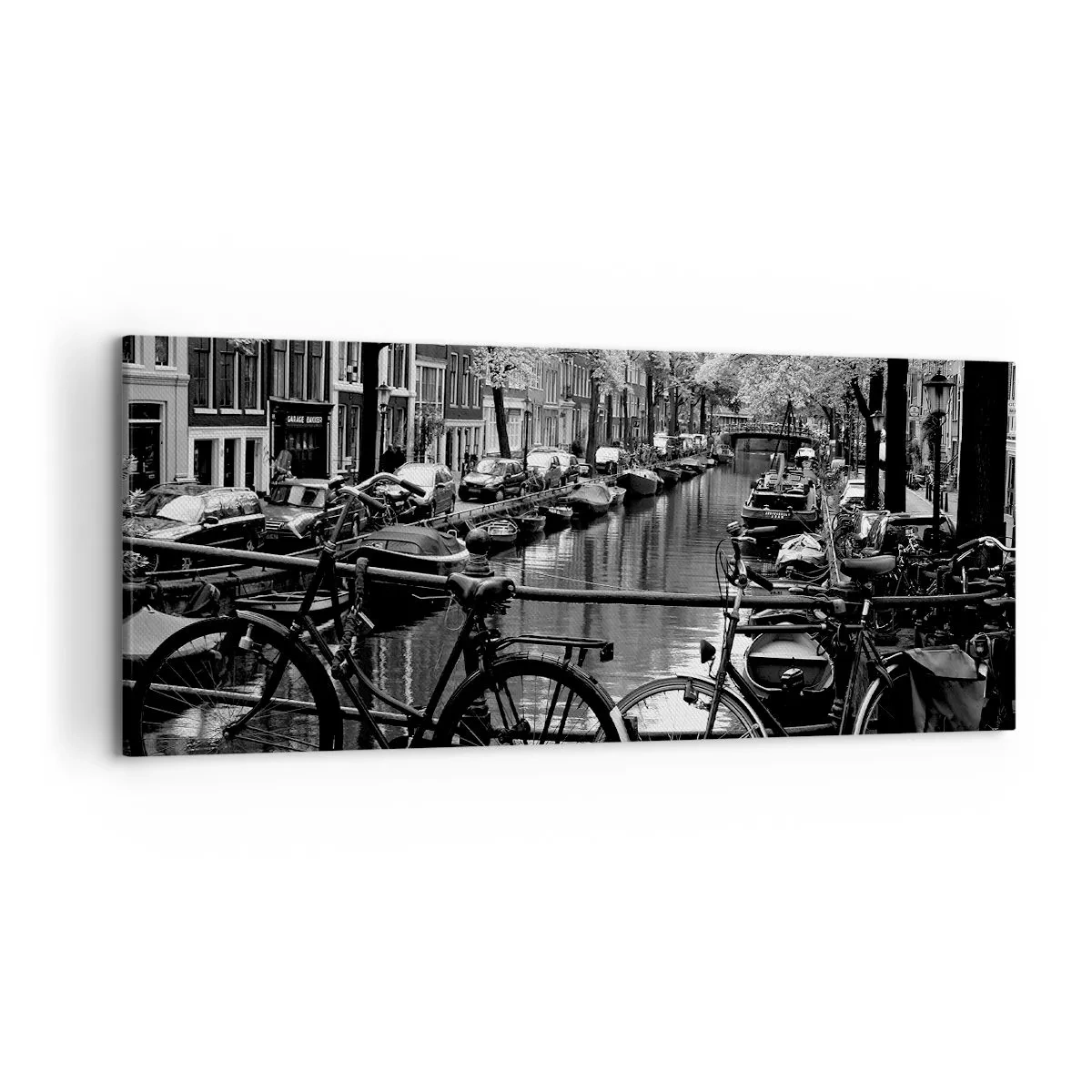 Impression sur toile - Image sur toile - Canal avec des vélos en photographie noir et blanc - 120x50cm - Une vue très hollandaise - Décoration murale moderne pour le salon et la chambre ARTTOR