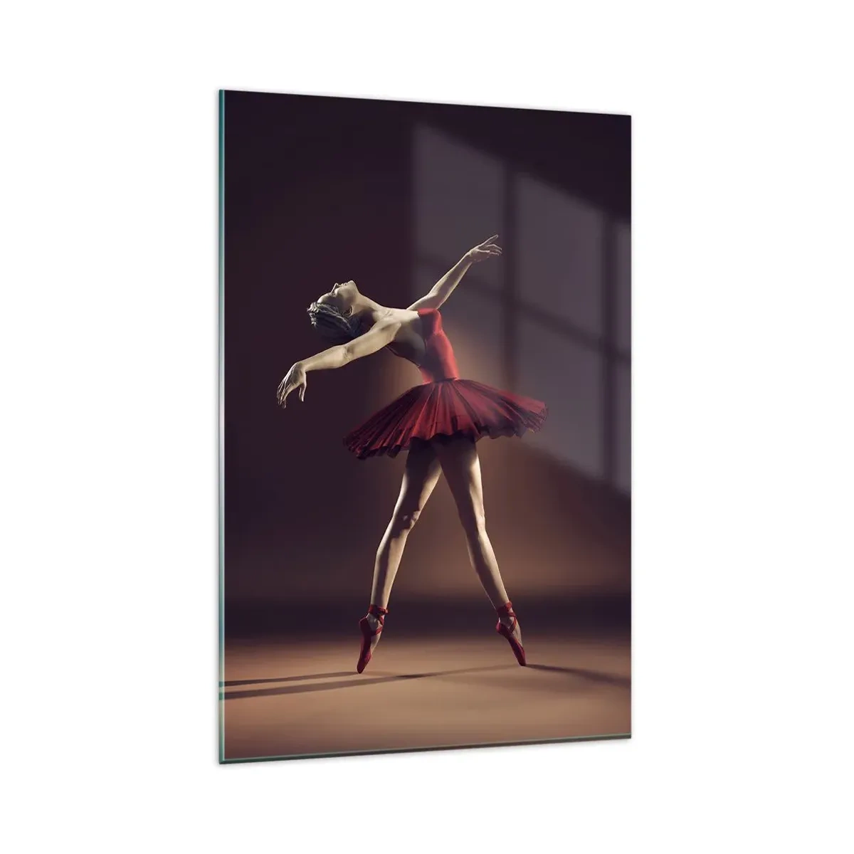 Impression sur verre - Image sur verre - Une danseuse de ballet en robe rouge sur fond de scène - 80x120cm - Une danseuse étoile - Décoration murale moderne pour le salon et la chambre ARTTOR