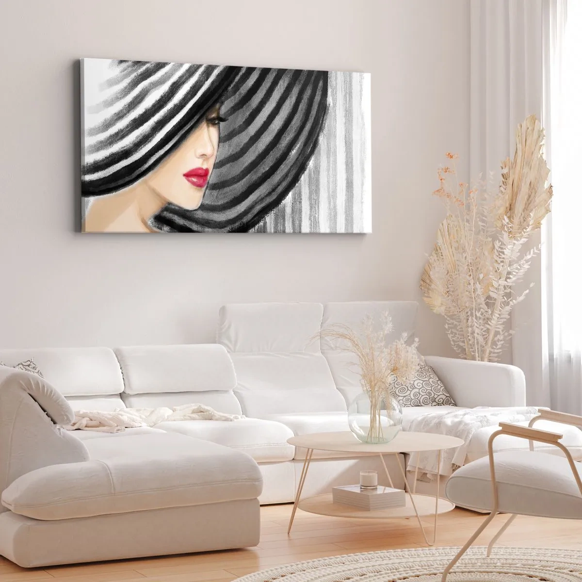 Impression sur toile - Image sur toile - Femme portant un chapeau noir et blanc avec une touche rouge - 160x50cm - Où te chercher ? - Décoration murale moderne pour le salon et la chambre ARTTOR