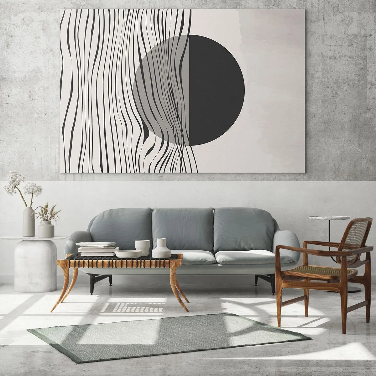 Impression sur verre - Image sur verre - Des vagues noires et un cercle sur fond beige - 120x80cm - Demi composition - Décoration murale moderne pour le salon et la chambre ARTTOR