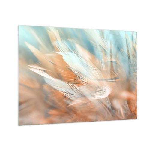 Impression sur verre - Image sur verre - Plumes délicates dans des tons pastel turquoise et pêche - 70x50cm - Au pays de la douceur - Décoration murale moderne pour le salon et la chambre ARTTOR