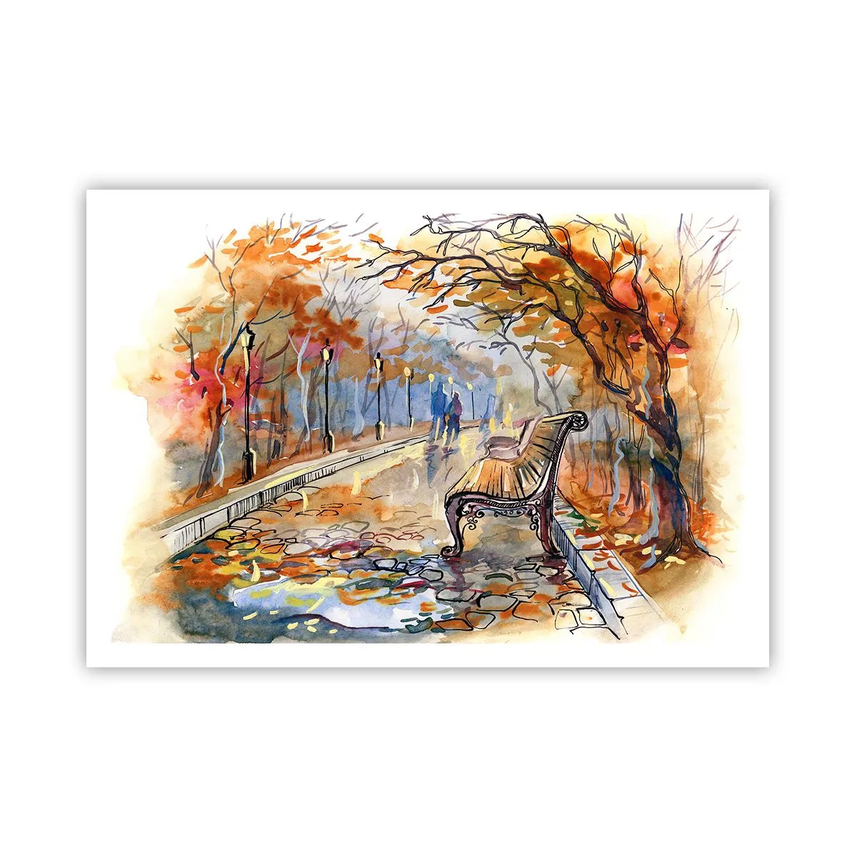 Affiche - Poster - Un parc d'automne avec un banc à l'aquarelle - 100x70cm - Errer ensemble à l'automne - Décoration murale moderne pour le salon et la chambre ARTTOR