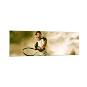 Impression sur verre - Image sur verre - Joueur de tennis en action lors d'un match avec en toile de fond un paysage urbain - 160x50cm - Énergie et joie - Décoration murale moderne pour le salon et la chambre ARTTOR