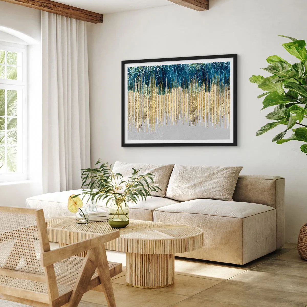 Affiche dans un cadre noir - Poster - Lignes dorées sur fond d'abstraction bleu marine et gris - 70x50cm - Bordure dorée - Décoration murale moderne pour le salon et la chambre ARTTOR