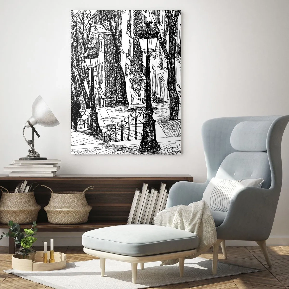 Impression sur verre - Image sur verre - Une rue avec des lampadaires et une silhouette humaine en technique d'esquisse - 80x120cm - Une histoire d'amour ou une histoire d'horreur ? - Décoration murale moderne pour le salon et la chambre ARTTOR