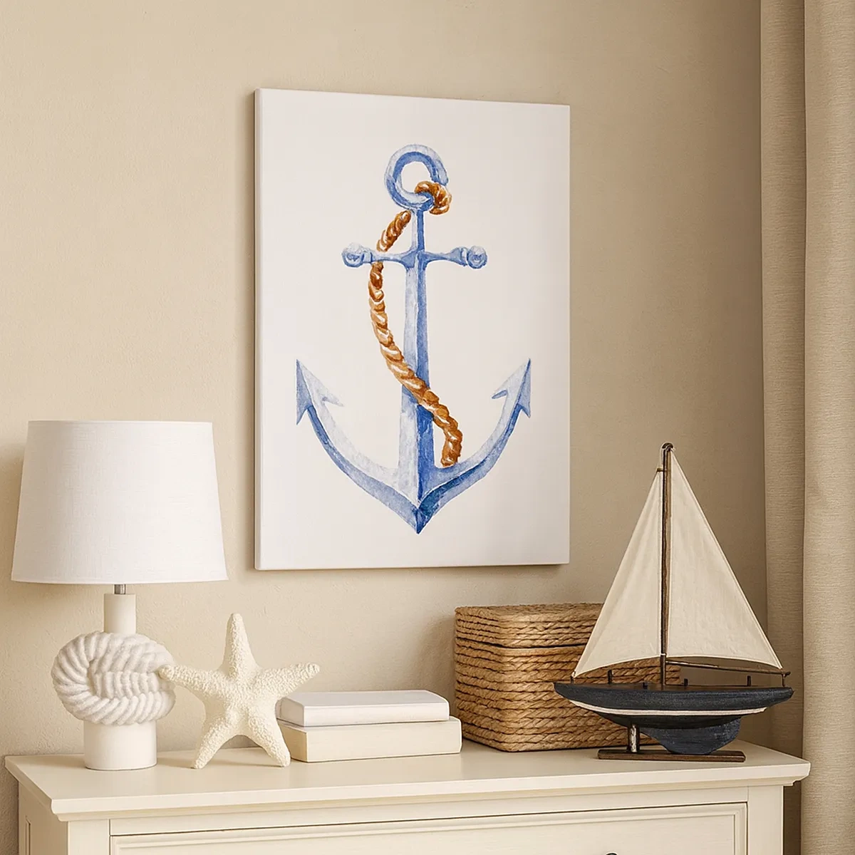 Impression sur toile - Image sur toile - Ancre avec corde dans un style aquarelle - 50x70cm - Ah l'aventure ! - Décoration murale moderne pour le salon et la chambre ARTTOR