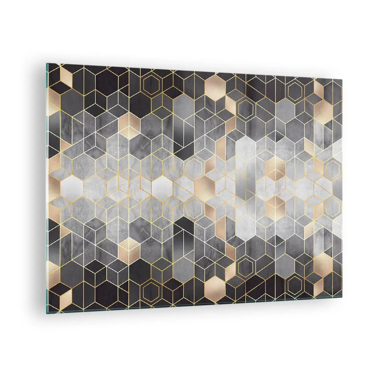 Impression sur verre - Image sur verre - Motif géométrique d'hexagones en lignes dorées - 70x50cm - Composition de diamants - Décoration murale moderne pour le salon et la chambre ARTTOR