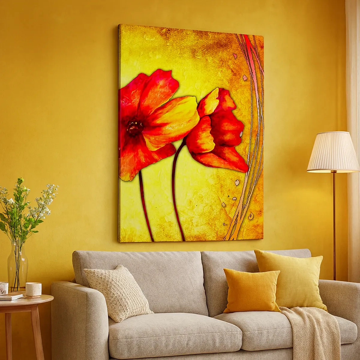 Impression sur toile - Image sur toile - Fleurs rouges et jaunes sur fond doré avec motifs décoratifs - 50x70cm - Dans la décoration Art Nouveau - Décoration murale moderne pour le salon et la chambre ARTTOR