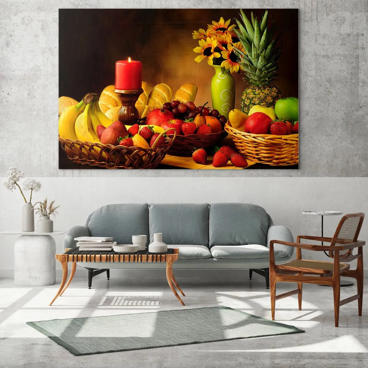 Impression sur verre - Image sur verre - Une composition de fruits, de pain et d'une bougie dans un style rustique - 120x80cm - Nature morte de pain et de fruits - Décoration murale moderne pour le salon et la chambre ARTTOR