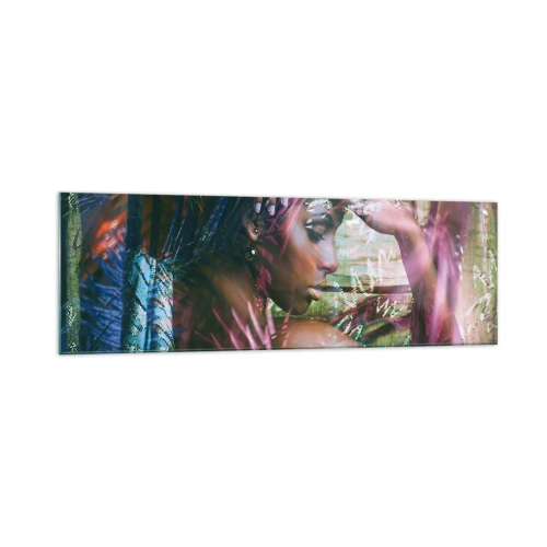 Impression sur verre - Image sur verre - Portrait d'une femme entourée d'une végétation exotique - 160x50cm - Dame Nature dans la jungle - Décoration murale moderne pour le salon et la chambre ARTTOR
