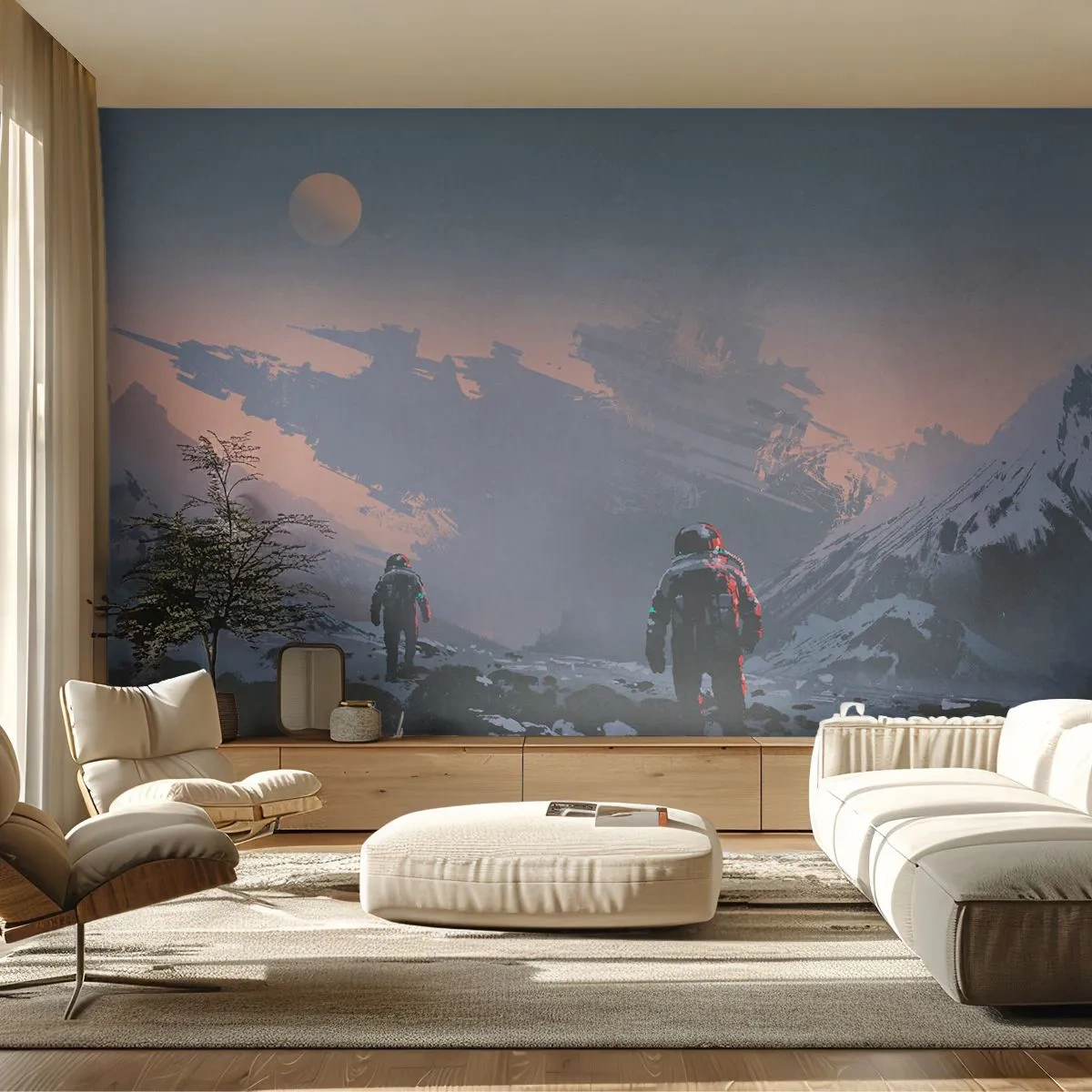 Papier Peint Photo Premium Canvas - Des astronautes sur une planète extraterrestre avec une épave de vaisseau spatial - 100x70cm - Sous une étoile inconnue - Décoration murale moderne pour le salon et la chambre ARTTOR